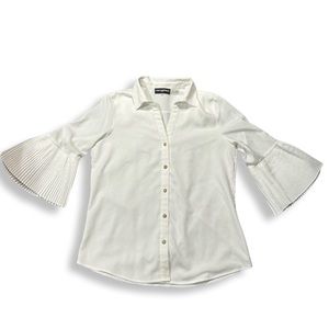 Karl Lagerfeld Paris White Plume Sleeve ButtonUp Blouse Gold Pearl Buttons Sz SP